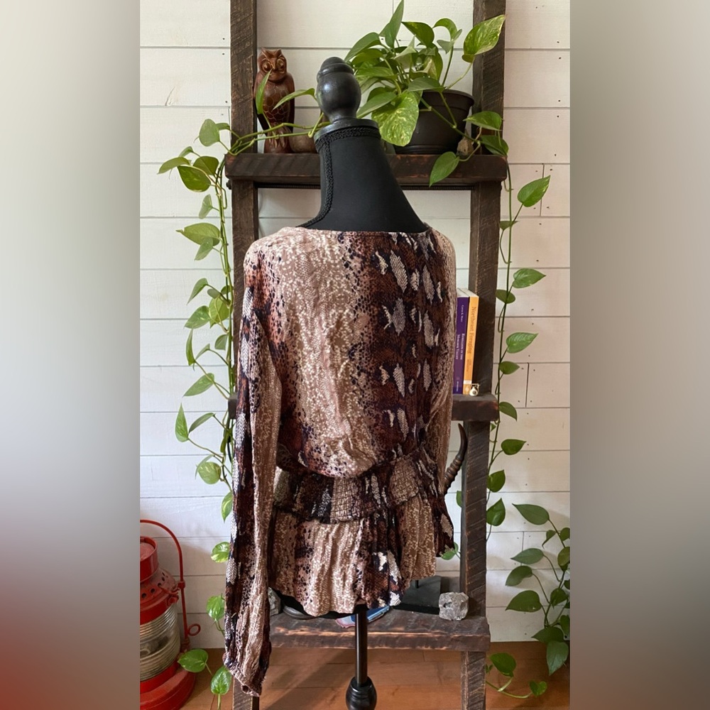 Angie: Brown, Black, Tan and White 100% Rayon Boho Snakeskin Blouse - Picture 13 of 17